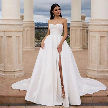 Satin High Side Silt Wedding Dresses Scoop A-Line Spaghetti Straps Sleeveless Floor Lengh Bridal Gowns Custom vestidos de novia