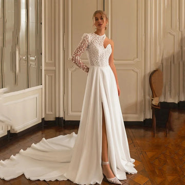 Customize To Measures 2025 O Neck A Line Wedding Dress One Sleeves Slid Slit Sweap Train Bridal Gowns Backless Sexy For Women