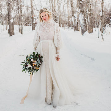 High Neck Lace Muslim Long Bishop Sleeves Wedding Dress Customized Plus Size Detachable Overskirt Luxury Dubai Bridal Gown