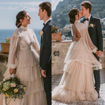 Muslim Long Sleeves Lace Wedding Dress Dubai Retro Tiered Pleated Tulle High Neck Racerback Backless Bridal Gown Customized