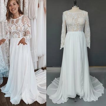 Long Sleeves Cutouts Lace Wedding Dress Rustic Boat Bateau Neck Plus Size Customized Illusion Back Chiffon Pearls Bridal Gown