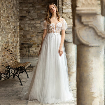 Short Sleeves V Neck Wedding Dress A Line Glitter Tulle Customized Pearls Transparent Back Princess Lace Appliques Bridal Gown