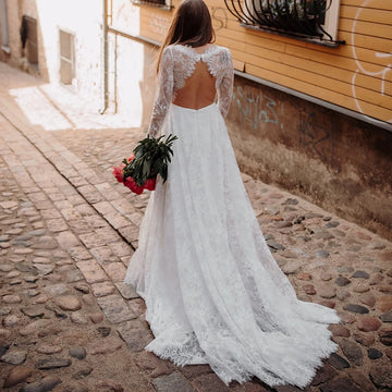 Keyhole Back Long Sleeves Transparent Lace Wedding Dress A Line Customized Scoop Rustic Ivory Romantic Garden Beach Bridal Gown