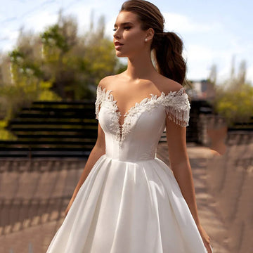 Simple Beads Satin Wedding Dress Vestido de Noiva Princess Bride Dresses 2021 Court Train Cap Sleeve Wedding Gowns Cheap