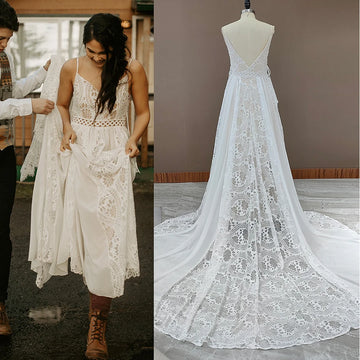 Long Train Spaghetti Straps Chiffon Wedding Dress Big Sizes Customized Boho Criss-Cross Beach Elopement Lace Bridal Gowns