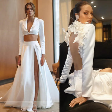 2 Pieces Satin Wedding Dress With Jacket Long Sleeve Simple White Elegant V Neck Flowers Bride Dress Side Split Vestido de novia Champagne