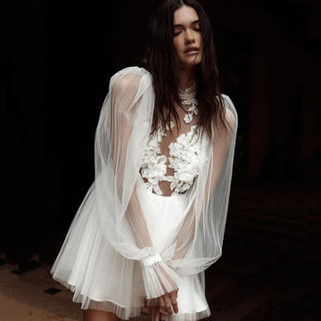 Sexy Short Wedding Dress Lace 3D Flowers Boho High Neck Wedding Gowns Illusion Puff Long Sleeve Bridal Dresses for Beach 2021