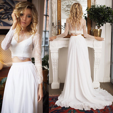 Long Sleeve Lace Twwo Pieces Wedding Dress Boho Beach Illusion Back A Line Chiffon Skirt Customized Bridal Separates Gowns