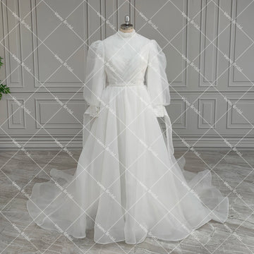 High Collar Long Puffy Sleeves Wedding Dress Muslim Dubai Closed Back Customized Sequins Beading Organza Modest Bridal Gowns