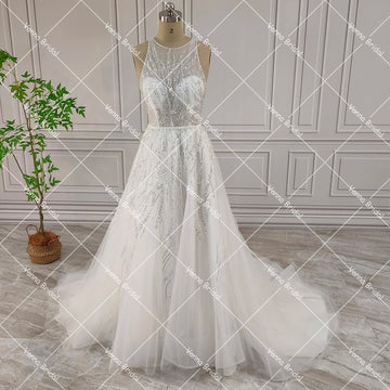 Beading Sparkly Customized Wedding Dress Open Shoulders Transparent Top Pearls Buttoned Back Sequins Luxury Glitter Bridal Gown