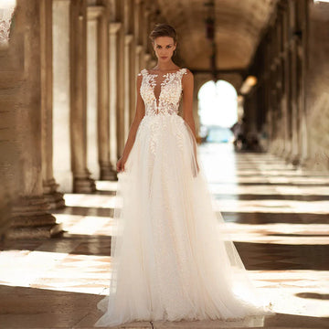 Charming V-neck Lave Applique Boho Beach A Line Wedding Dresses Custom Made Vestido De Noival