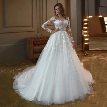 Luxury Sparkling Vestidos De Novia Sheer Round Neck Long Sleeve Illusion Back Buttons Wedding Dresses Appliques Vestido De Noiva