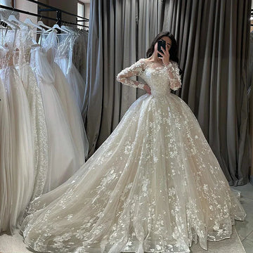 3D Lace Wedding Dresses 3D Lace Long Sleeve Appliques Bride Dress Vintage Appliques Wedding Gowns 2024 WHITE