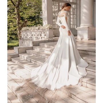 Round Neck Lace Long Sleeves Wedding Dresses For Women Satin Surface Mermaid Gowns 2024 Princess Mopping Length High Fork Robes