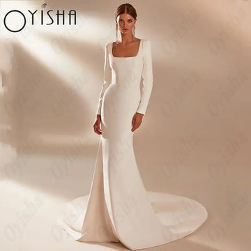 OYISHA Square Collar Satin Wedding Dresses Simple Mermaid Full Sleeves White Bridal Gowns For Woman Gorgeous Vestido De Mariages