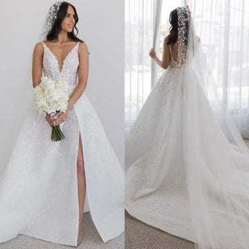 Classic V-neck backless sequin applique lace wedding dress sexy thigh slit backless beach garden bridal party dress new