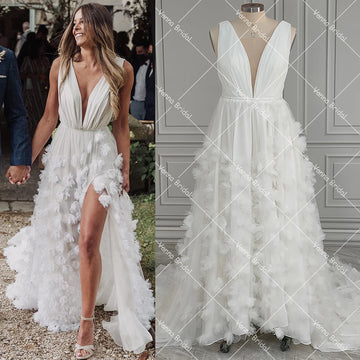 Plunging V Neck 3D Flowers Luxury Wedding Party Dress Customized A Line Backless Leg Open Cutouts High Split Ruched Bridal Gown
