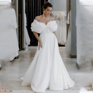 Charming Off The Shoulder Pleat Sweetheart Satin A Line Wedding Dresses Corset Back Sweep Train Custom Made Vestido De Noival