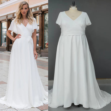 Customized Chiffon V-Neck Elegant Wedding Bridemaid Dress Plus Size Zipper Cap Flare Sleeves Plus Size Bridal Gowns with Sash