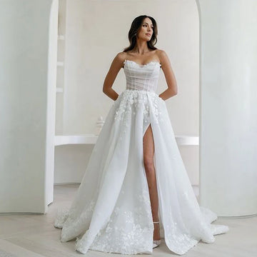 Modern Off The Shoulder Sweetheatr Lace Applique Bridal A Line Wedding Dresses Side Slit Custom Made Vestido De Noival