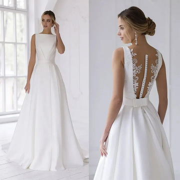 Classic elegant sleeveless boat collar A-line wedding dress button back crepe satin bridal dress bow Tie Belt Garden Wedding new