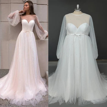Elegant A-Line Long Puffy Sleeves Wedding Dress With Pearls Keyhole Customized Illusion Sweetheart Neck Bow Sash Bridal Gowns