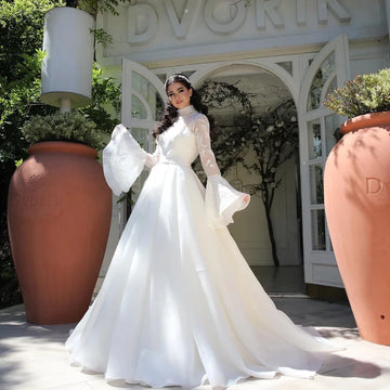 Modern Flare Sleeve Muslim Wedding Dresses Lace Appliques Hijab Islamic High Collar Bridal Gowns Elegant Vestidos De Novia