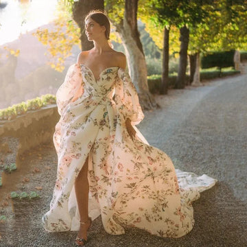 Elegant Puff Sleeves Sweep Train Wedding Dresses Colorful Flowers Vestido De Noiva Customized