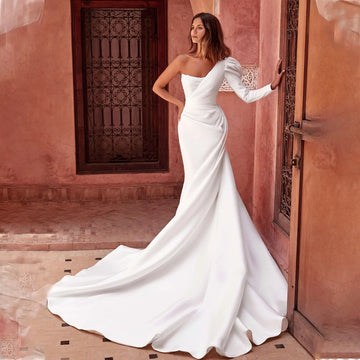 Modern Beaded One Shoulder Long Sleeves Mermaid Wedding Dresses With Detachable Train Custom Made 2025 Rode De Morrie