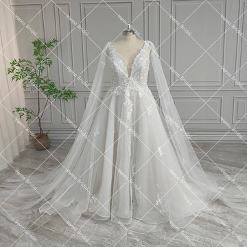 Sleeveless A Line Deep V Neck Customized Floral Appliqued Embroidered Lace Detachable Cape Tulle Plus Size Wedding Party Dress