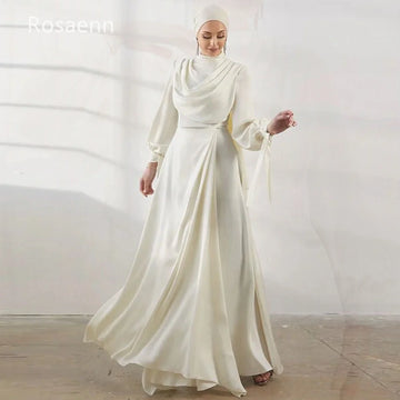Customized Muslim Elegant A-line High Collar Wedding Dresses 2025 New Design Satin Bride Gown Draped Pleat robe de mariée Pleat