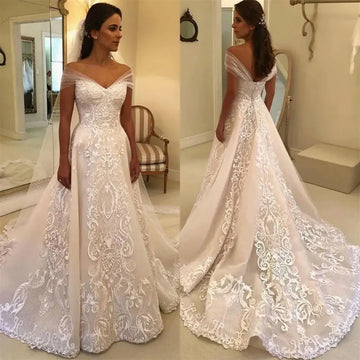 Vintage Lace Wedding Dresses off Shoulder V Neck Appliques Sweep Train Bridal Gowns Backless Formal Occasion Vestido De Novia same as pic
