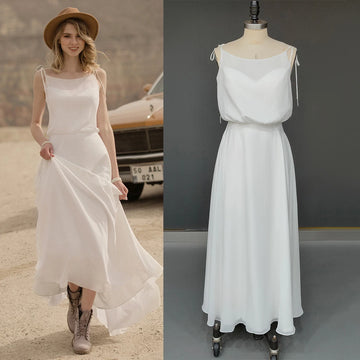 Customized A Line Beach Chiffon Wedding Gown Scoop Neck Soft Simple Spaghetti Straps Pearls Zipper Ankle Length Bridal Dresses
