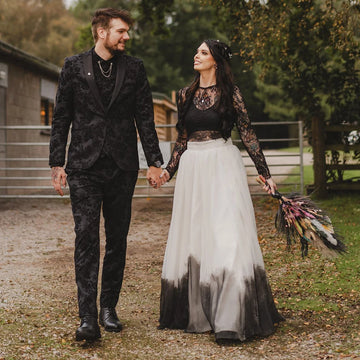 Ombre Color Maxi Skirt Two Pieces Bridal Gowns Long Sleeves Customized Illusion Lace Crop Top A Line High Slit Wedding Dress