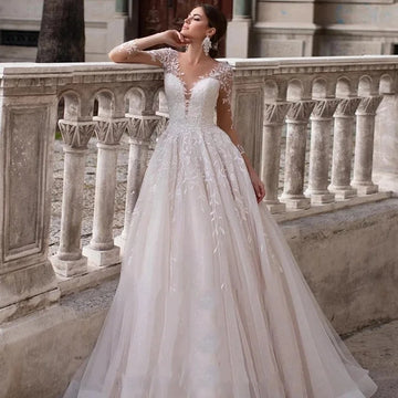 Appliques Vestido De Noiva Customized Deep V-neck Vestidos De Novia Long Sleeves Wedding Dresses Lace Robe De Mariée