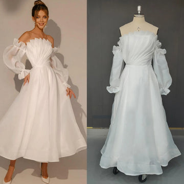 Strapless Simple Organza Ankle Length Wedding Dress Princess Long Puffy Sleeves Plus Size Beach Customized Micro Bridal Gowns