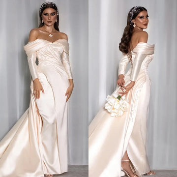 High Quality Satin Sequined Ruched A-line Off-the-shoulder Long Dresses Celebrity Dresses Sexy Sparkle Sizes Available Intricate