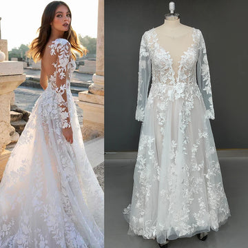 Long Fitted Sleeves Embroidered Tulle Wedding Dress Customized Illusion Backless Lace Mesh V Neck Plus Size Luxe Bridal Gown