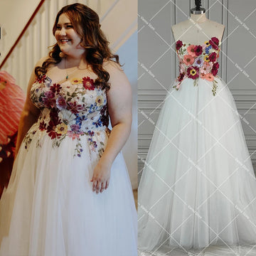 Sweetheart Embroidered 3D Colored Wedding Dress Customized Dream Blossom A Line Tulle Fairy Flowers Fantasy Bridal Gowns