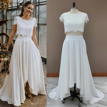 Customized Two Piece Lace Boho Wedding Dress Crop Top Princess Scoop Buttons Cap Sleeves High Low Maxi Beach Chiffon Bridal Gown