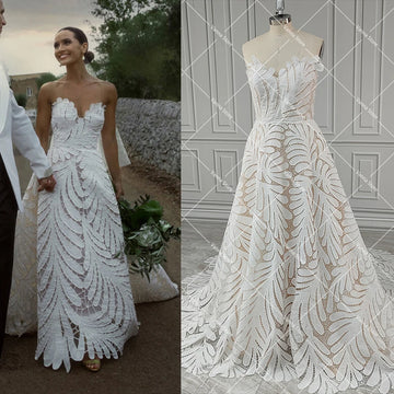 Cutout Large Leaf Sweetheart Strapless Wedding Ball Gowns Zipper Long Train Customized Puffy Unique Embroidery Bridal Dresses