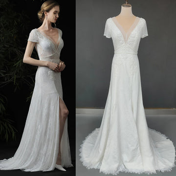 Customized Gypsy Beach Boho Wedding Dress V Neck Cap Sleeve Backless Lace Bohemian High Split Bridal Gown Applique Bead Costume