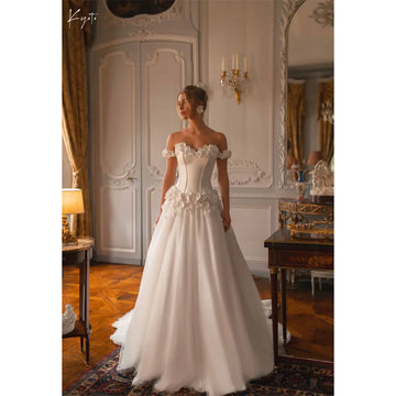 Kyoto Customize White Flowers Appliques Off Shoulder Wedding Dress Court Train vestidos de novia Button Back Evening Dress 2025