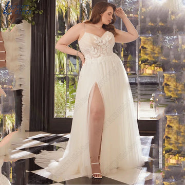 LAYOUT NICEB Tulle V-Neck Wedding Dresses Backless A-Line Spaghetti Straps Appliques Bride Gowns Side Split Women robe de mariée