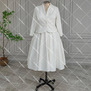 Two Piece Sleeveless Satin Wedding Dress With Jacket Simple Customized Real Photos Midi Length Bridal Gowns