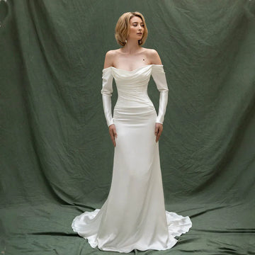 Modern Long Sleeves Pleat Satin Mermaid Wedding Dresses Sweep Train Custom Made Vestido De Noival