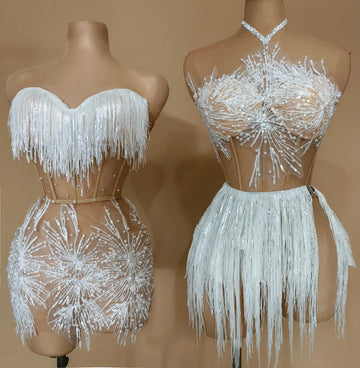 New Summer White Color Women Fashion's SexGallus Sleeveless Mini Dress Sparkling Squinsassel Celebrate Evening Party Dress B192