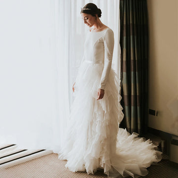 Customized Long Crepe Sleeves Layered Tulle Wedding Dress Plus Size Fluffy Tutu Backless A Line Bateau Neck Buttons Bridal Gown