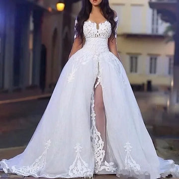 Customized Elegant fashion Princess A Line luxury Wedding dress Sexy V-neck side slit romantic beach bridal party dress 2025