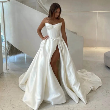 Luxurious Sweethart Satin A Line Wedding Dresses Side Slit Sweep Train Custom Made Vestido De Noival